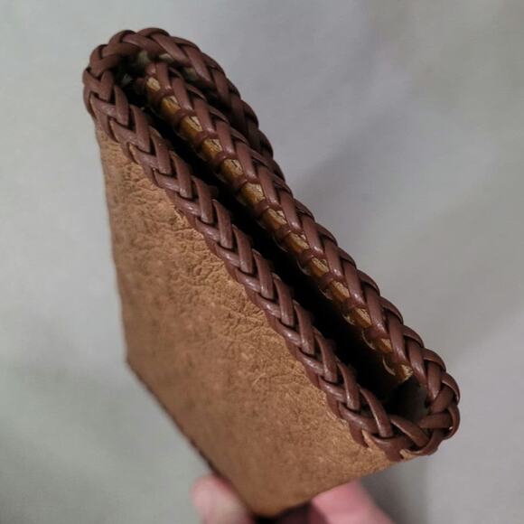 Leather Suede Trifold Wallet Side Stitch Ostrich Woven Edge - Picture 4 of 12